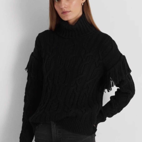 Lauren Ralph Lauren Fringe Trim Aran Knit Turtleneck Sweater Black - Picture 1 of 9